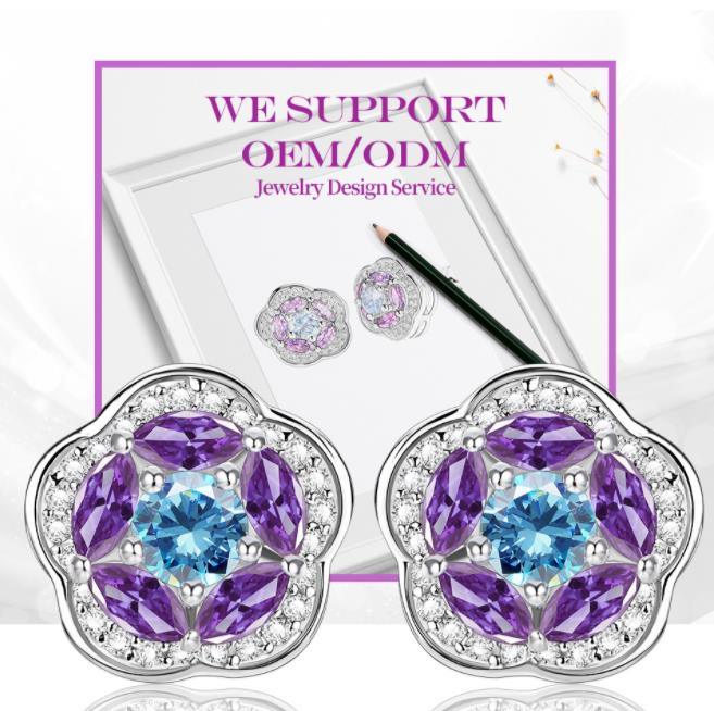 Orecchini alla moda placcati in argento sterling 925 con fiori di moissanite viola