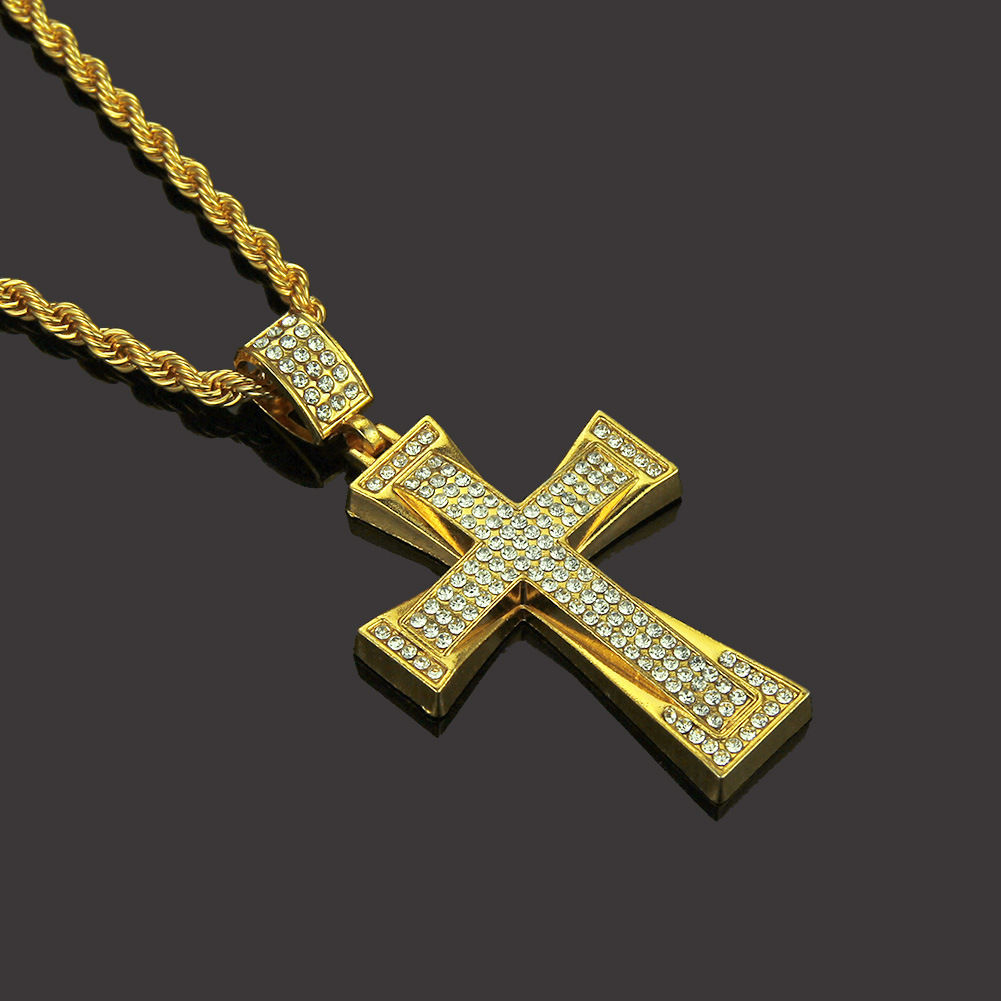 Collana da uomo hip-hop color oro 14K-18K con ciondolo a forma di croce CZ ghiacciata