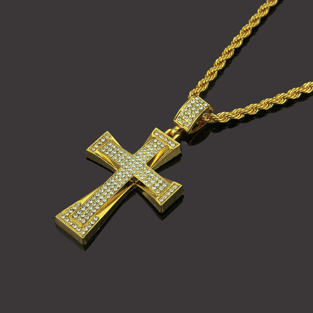 Collana da uomo hip-hop color oro 14K-18K con ciondolo a forma di croce CZ ghiacciata