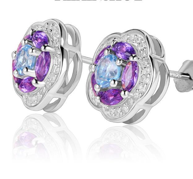 Orecchini alla moda placcati in argento sterling 925 con fiori di moissanite viola