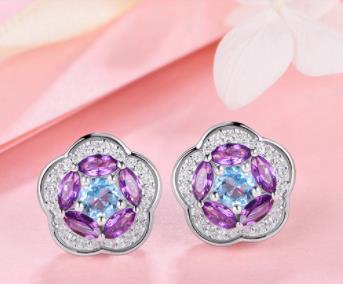 Orecchini alla moda placcati in argento sterling 925 con fiori di moissanite viola