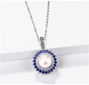 Ciondolo da donna in argento sterling con perle naturali, stile classico con zaffiro rotondo