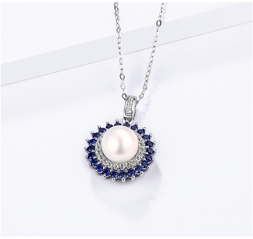 Ciondolo da donna in argento sterling con perle naturali, stile classico con zaffiro rotondo